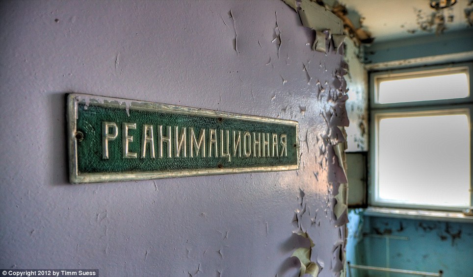 This sign still fixed to the wall translates as 'resuscitation'. The disaster took place at around midnight when engineers at the Chernobyl nuclear power plant conducted a test 