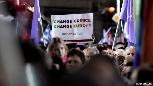 Supporters of Syriza hold a banner saying "Change Greece, Change Europe" at a pre-election rally in central Athens on 22 January 2015