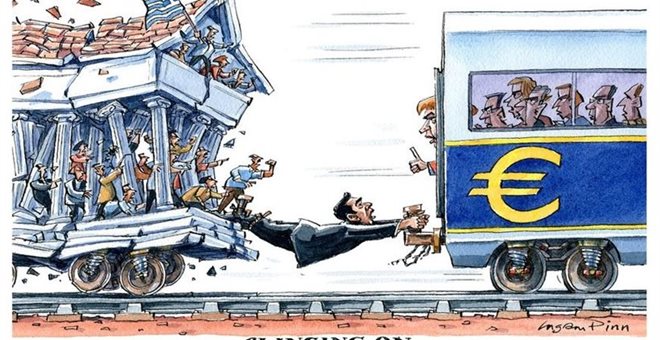 FT: Σκίτσο με τον Τσίπρα να προσπαθεί να κρατήσει ενωμένο το τρένο Ελλάδας – Ευρωζώνης!