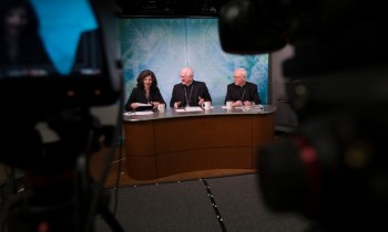 Archbishop Joseph Kurtz, Bishop Richard Malone and law professor Helen Alvare (CNS)