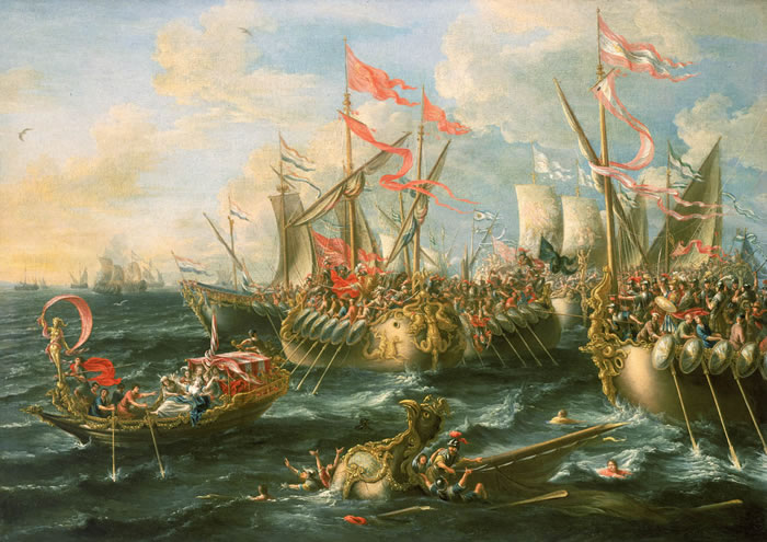 Η Ναυμαχία του Ακτίου (2 Σεπτεμβρίου 31 π.Χ.) , πίνακας του Λορέντζο Κάστρο, 1672. Η νίκη των δυνάμεων του Οκταβιανού κατά του Αντωνίου και της Κλεοπάτρας σηματοδότησε το πέρας της δημοκρατικής περιόδου της Αρχαίας Ρώμης.