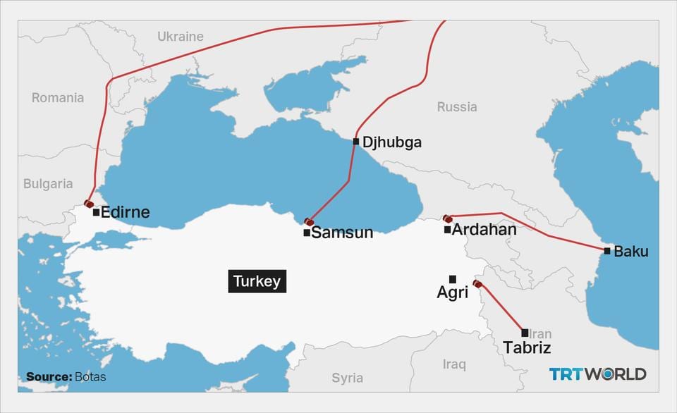 Natural gas pipelines to Turkey from Russia, Azerbaijan and Iran.