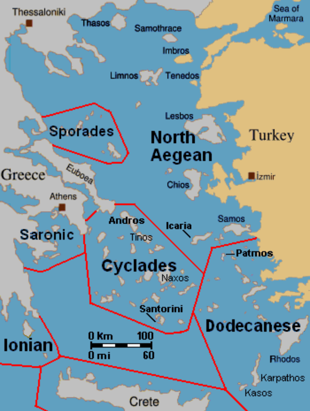 The island groups of the Aegean Sea.