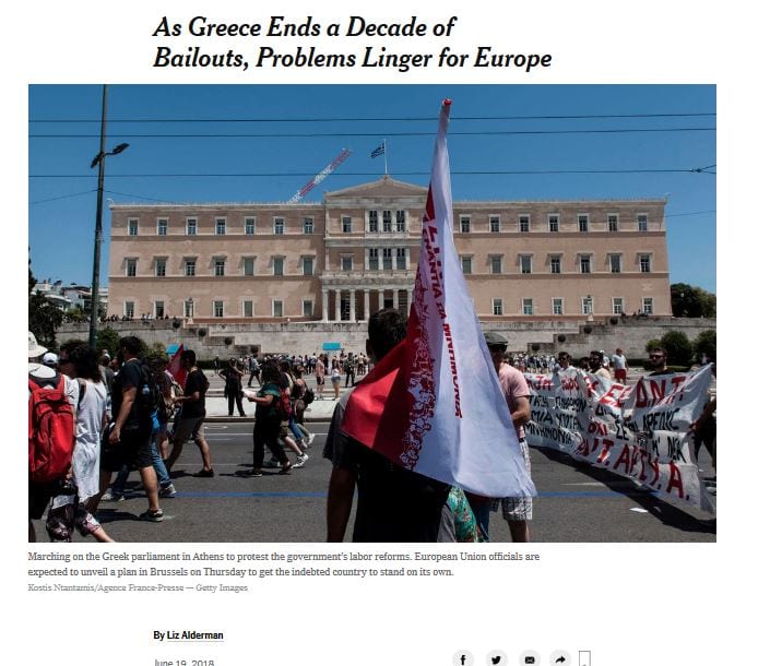 ΝΥΤ: Παρά την έξοδο της Ελλάδας από τα μνημόνια, τα προβλήματα παραμένουν